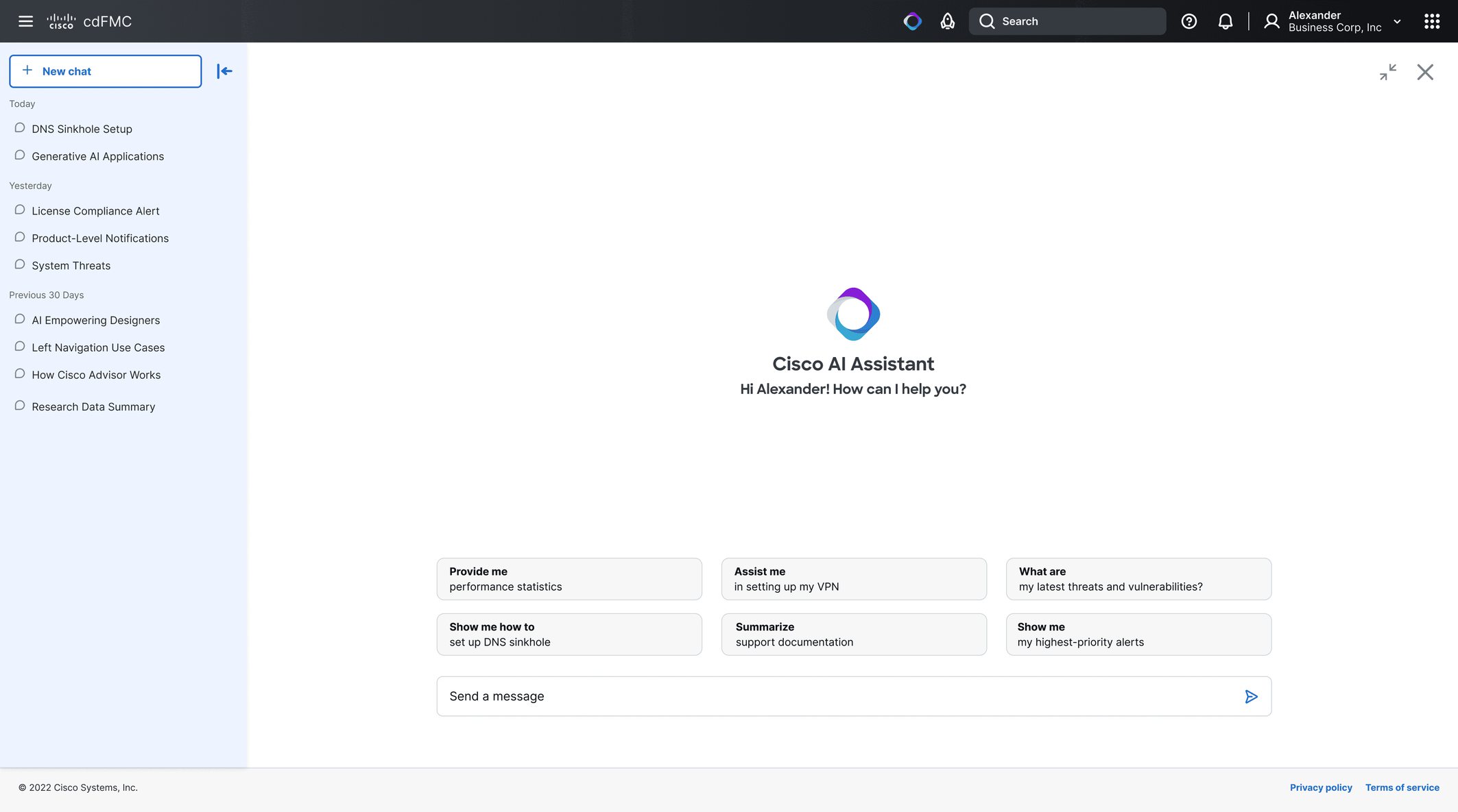 The full-screen Cisco AI Assistant landing page, with the assistant logo, a greeting, and four suggested starting prompts.