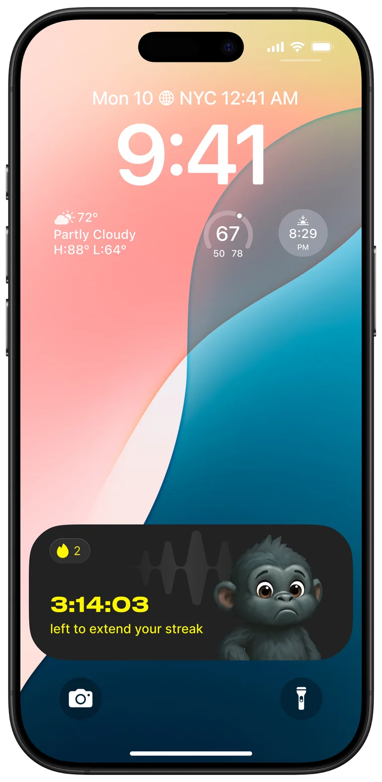 Lock screen Live Activity, warning state: a yellow countdown reading 3:14:03 left to extend your streak, with a downcast gorilla.